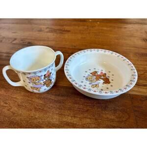 Vintage Sango Bone China Dining Set Dancing Bears Mug + Bowl Made in Korea